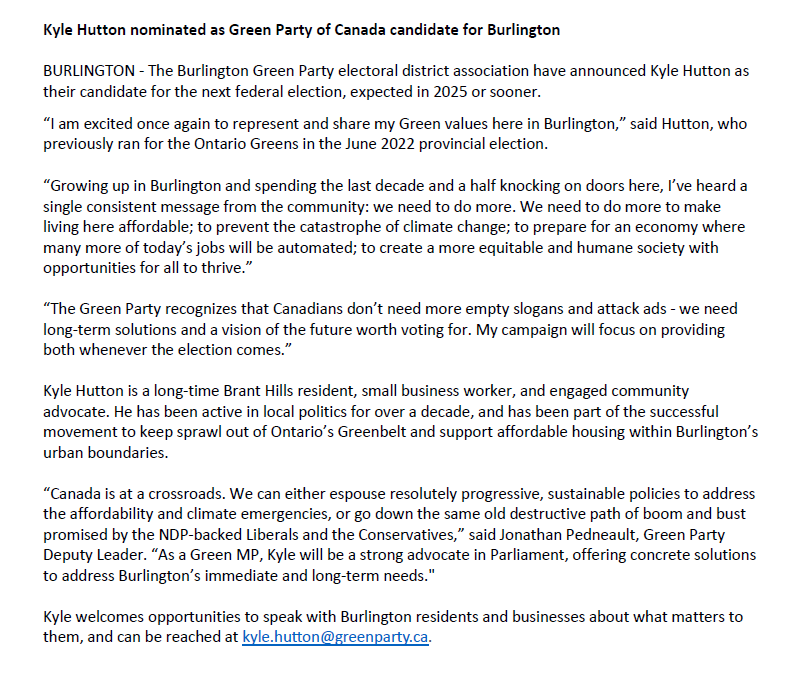 kylejhutton's tweet photo. Good morning everyone -

I'm happy to formally announce I am the @CanadianGreens candidate for the riding of Burlington in the next federal election!

My goal is to run a bold &amp; unashamed progressive campaign for #BurlON residents demanding change and vision in 2025. #cdnpoli https://t.co/90WiQPAMzZ