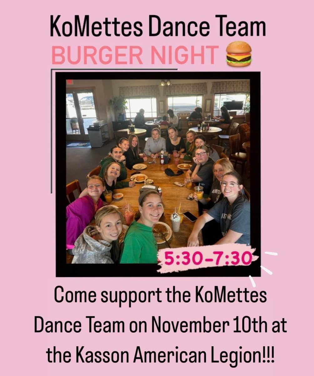 It’s burger night tonight! Come out and supper the KoMettes Dance Team while enjoying some good food too 🎉 <a href="/KM_Activities/">KM Activities</a> 

🗓️: TODAY (Nov. 10) 
⏰: 5:30-7:30
📍: Kasson Legion