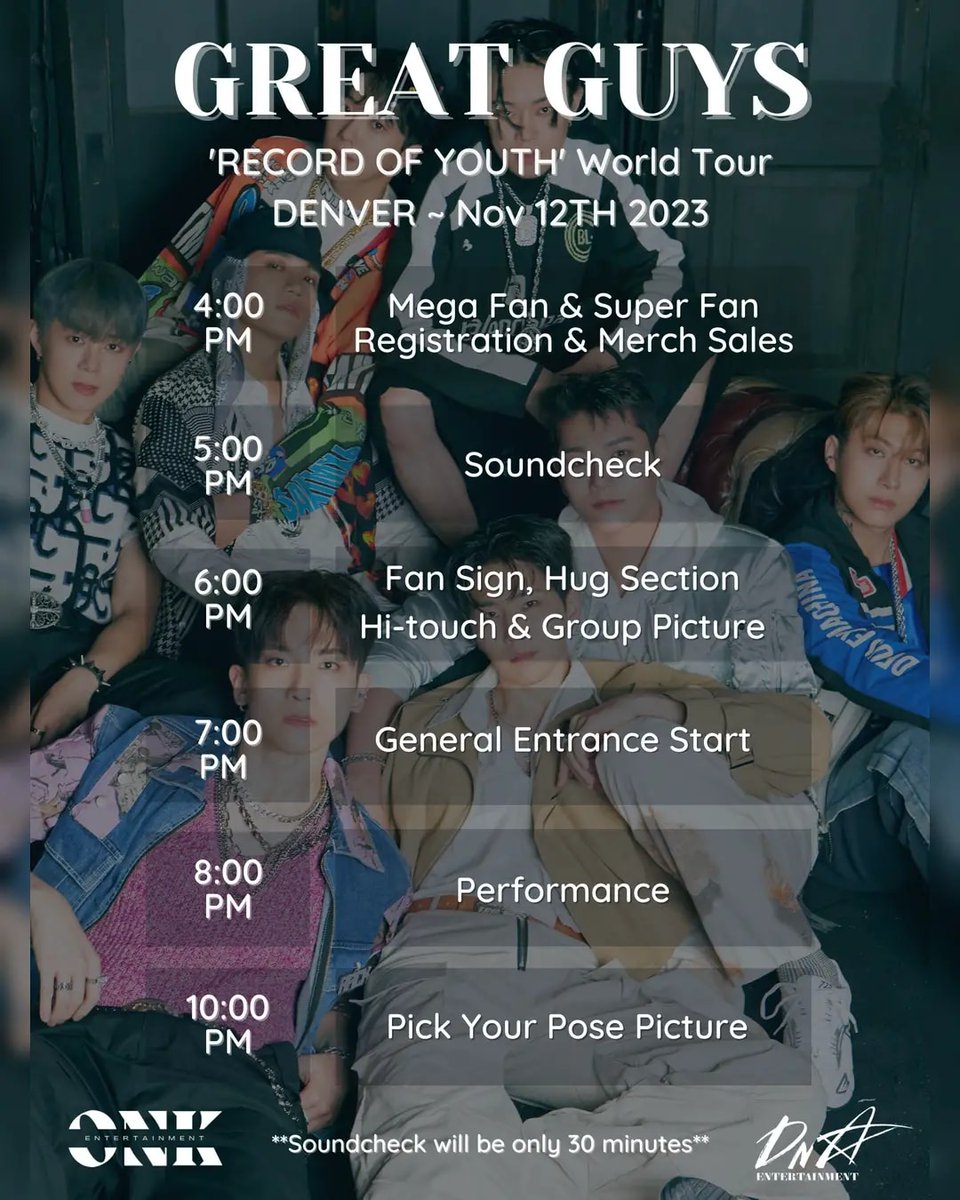 Attention Denver Grace! 📣

Here's the full itinerary for the @GreatGuys_twt performance in The Oriental Teather on November 12th!

Please make all the arrangements and we can't wait to meet you all! 

#greatguys #grace #onk #greatguysworldtour #recordofyouth #멋진녀석들