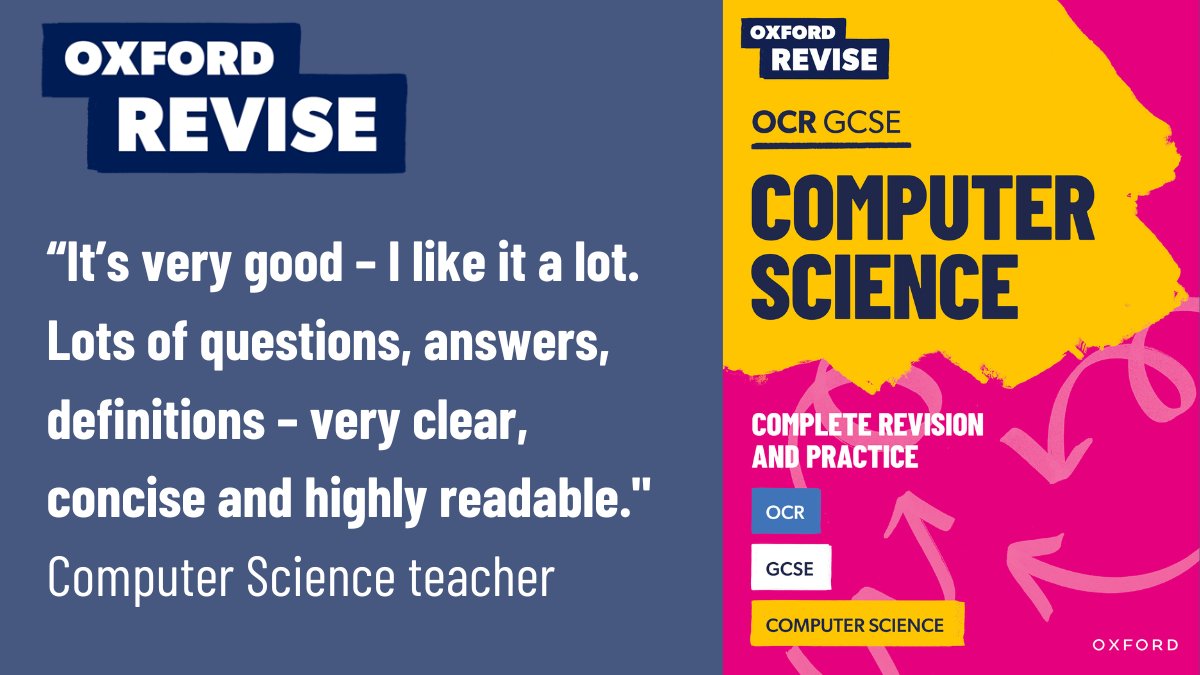 OUPSecondary's tweet image. 📢 The new #OxfordRevise Computer Science Revision Guide is out now!

This book will help your students revise all the topics they need to know to do well in the OCR #GCSEComputerScience exam.

Knowledge ➡️ Retrieval ➡️ Practice

Take a closer look here: ow.ly/MZA450Q6b1G