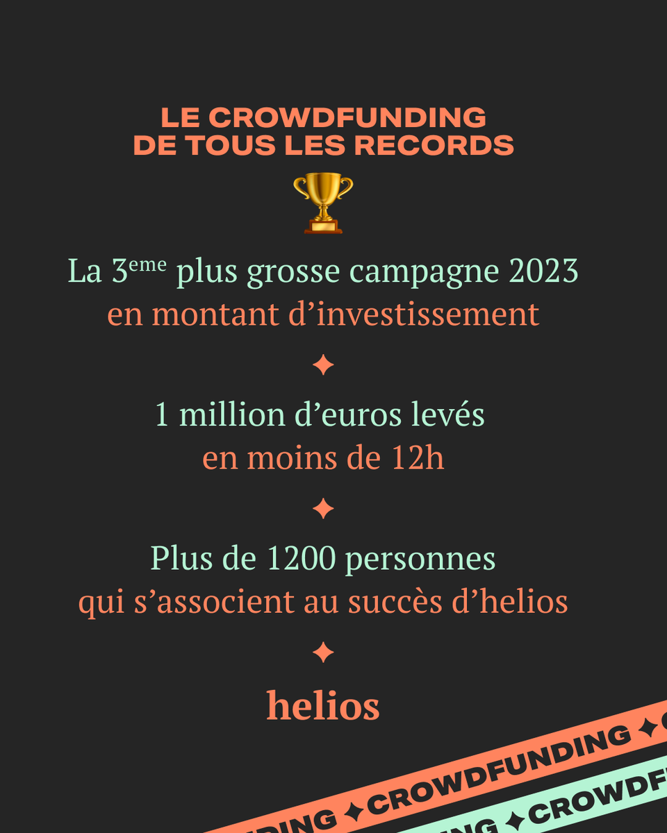 🎉 2,5 millions levés auprès de notre communauté ! 🎉

C’est incroyable !

- 1 million levé en moins de 12h
- la 3e plus grosse campagne 2023 en montant d’investissement
- plus de 1200 personnes qui s’associent au succès d’helios

Merci à tous pour l’énergie et le soutien !