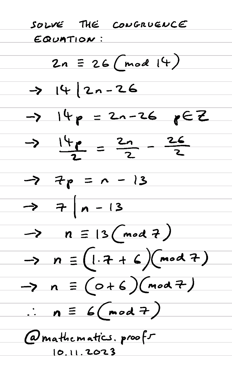 tiago_hands's tweet image. Solve the congruence equation 2n≡26(mod14). #modulararithmetic #clockarithmetic #furtherpuremaths #alevelmaths