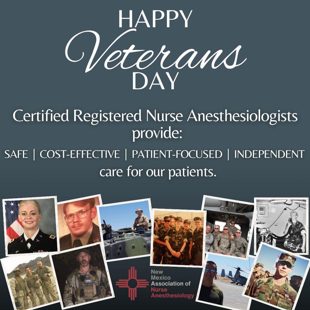Happy Veterans Day to all the Nurse Anesthesiologists (CRNAs) that have courageously stood up for our country. We're proud to call you colleagues. Thank you for providing safe &amp; independent care for our patients!