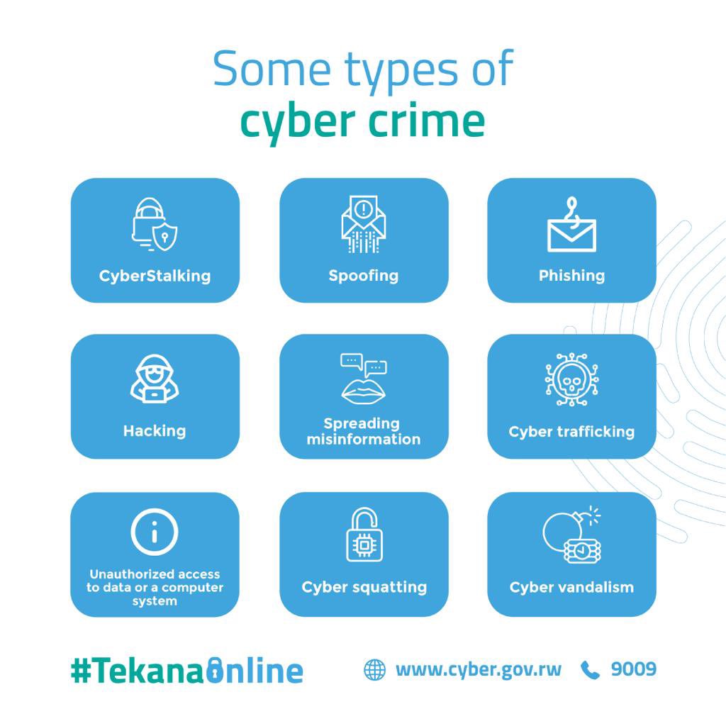 The following are some of the cyber crimes against individuals, properties, and society. Always be alert and report any online suspicious activity!  #TekanaOnline