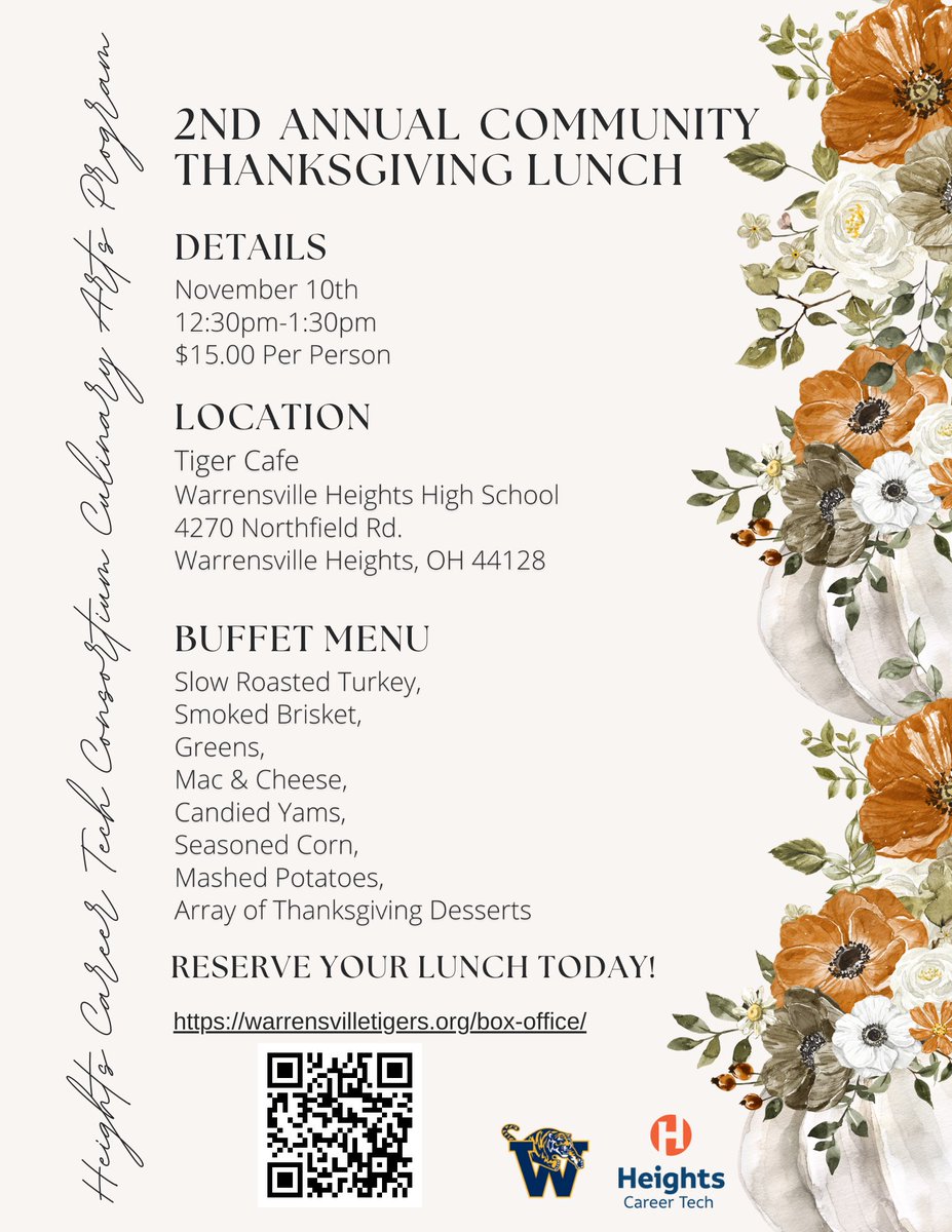 Join us for a feast at Heights Career Tech Tiger Cafe at Warrensville Heights High! 🦃 Thanksgiving Dinner Buffet today from 12:30-1:30. Whether you're dining in or taking it to-go, we've got you covered! Pre-pay for your meal and save time. warrensvilletigers.org/box-office/ @HeightsCTE