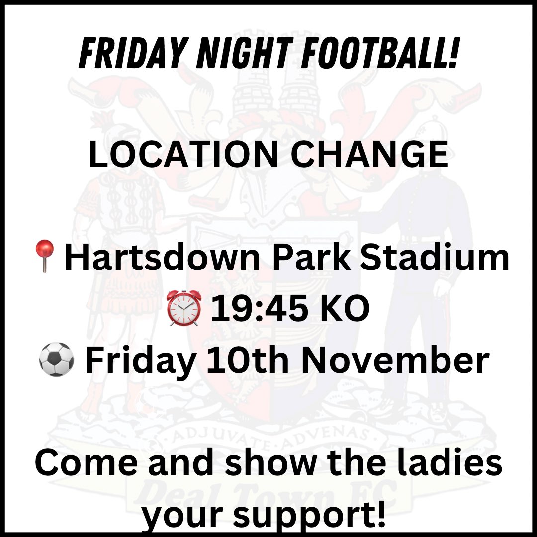 dealtownwomenfc's tweet photo. LOCATION CHANGE FOR TONIGHT’S GAME 🏆

Due to an unplayable pitch the ladies game tonight V Baypoint has changed location. 

We still hope to see most of you there! 

HOOPS 🖤🤍 https://t.co/we1K3hMwEM