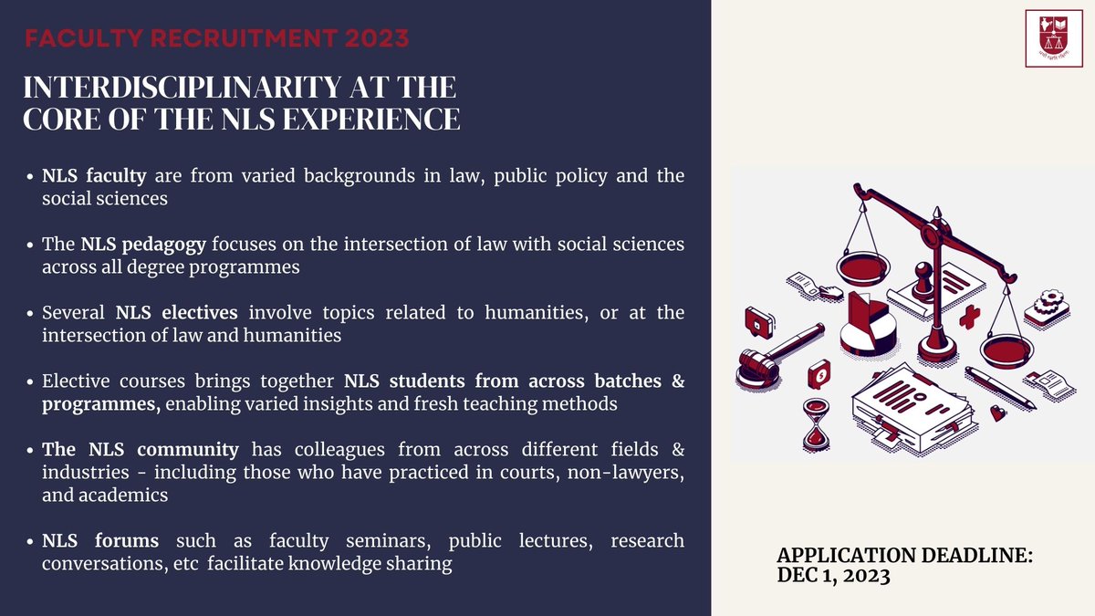 We are hiring for multiple faculty positions in law, public policy and the social sciences! If you are interested to teach at NLSIU and want to know more about the positions available, visit: nls.ac.in/news-events/ca…