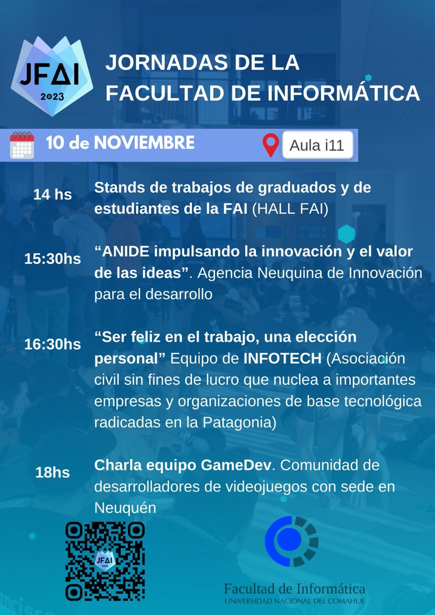 faiuncoma's tweet photo. Hoy 5ta jornada de las JFAI 2023. Comienzan a las 14 hs en el Hall Central y desde las 15 en el Aula i11 https://t.co/m3nPy9S81r