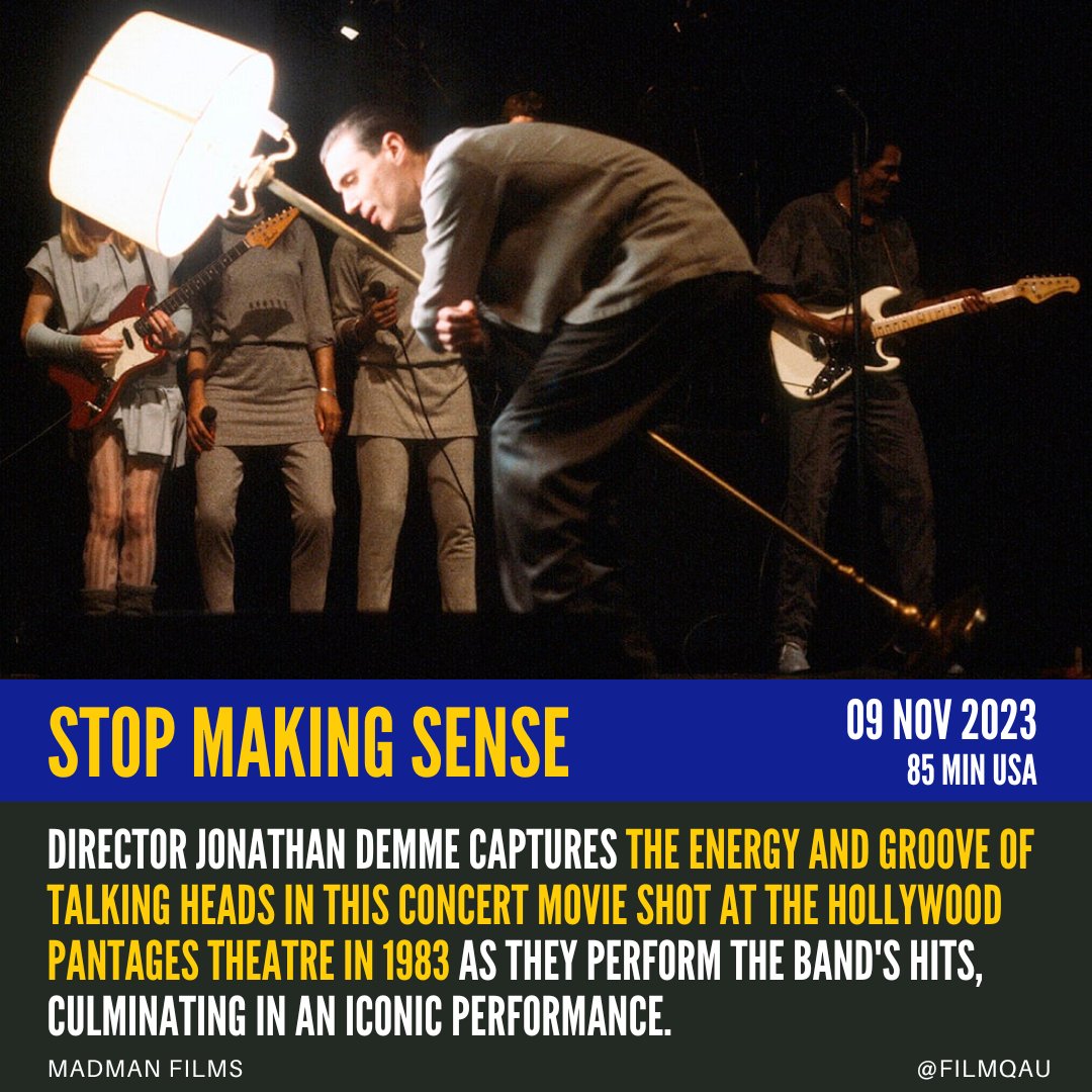 filmqAU's tweet photo. Director Jonathan Demme captures the energy and groove of Talking Heads in this concert movie shot at the Hollywood Pantages Theatre in 1983 as they perform the band's hits, culminating in an iconic performance.
#filmQ #StopMakingSense #MadmanFilms @MadmanFilms https://t.co/TUgqHAwSGC