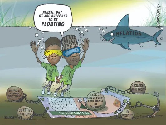 EfogoChi's tweet photo. Look who's worried the floated Naira isn't floating. 

The shark, the speculator, the clueless policymaker, the undercurrent, the economic chains, the swimming-type night -vision glass and the "supposed" 'flaoted' 1000Naira note, all in one picture. 

All very intentional. https://t.co/f6sOLe42t8