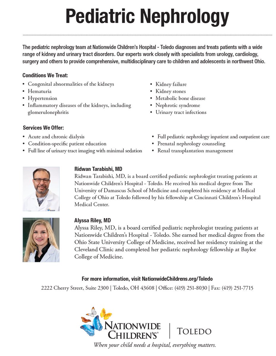 The <a href="/nationwidekids/">Nationwide Children's Hospital</a> nephrology division is growing with new services in northeast Ohio at NCH-Toledo. Welcoming Dr. Tarabishi and Riley (@PediNephMD) to the team! <a href="/NCHKidneyCenter/">NCH Kidney Center</a>