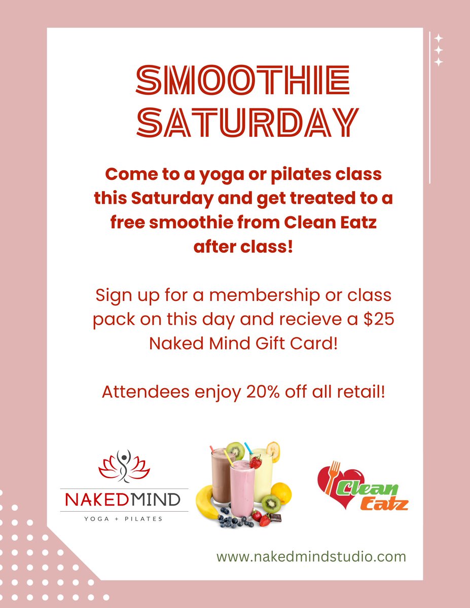 Come for the yoga, stay for the smoothies! TOMORROW! (You do have to pre-register for classes)