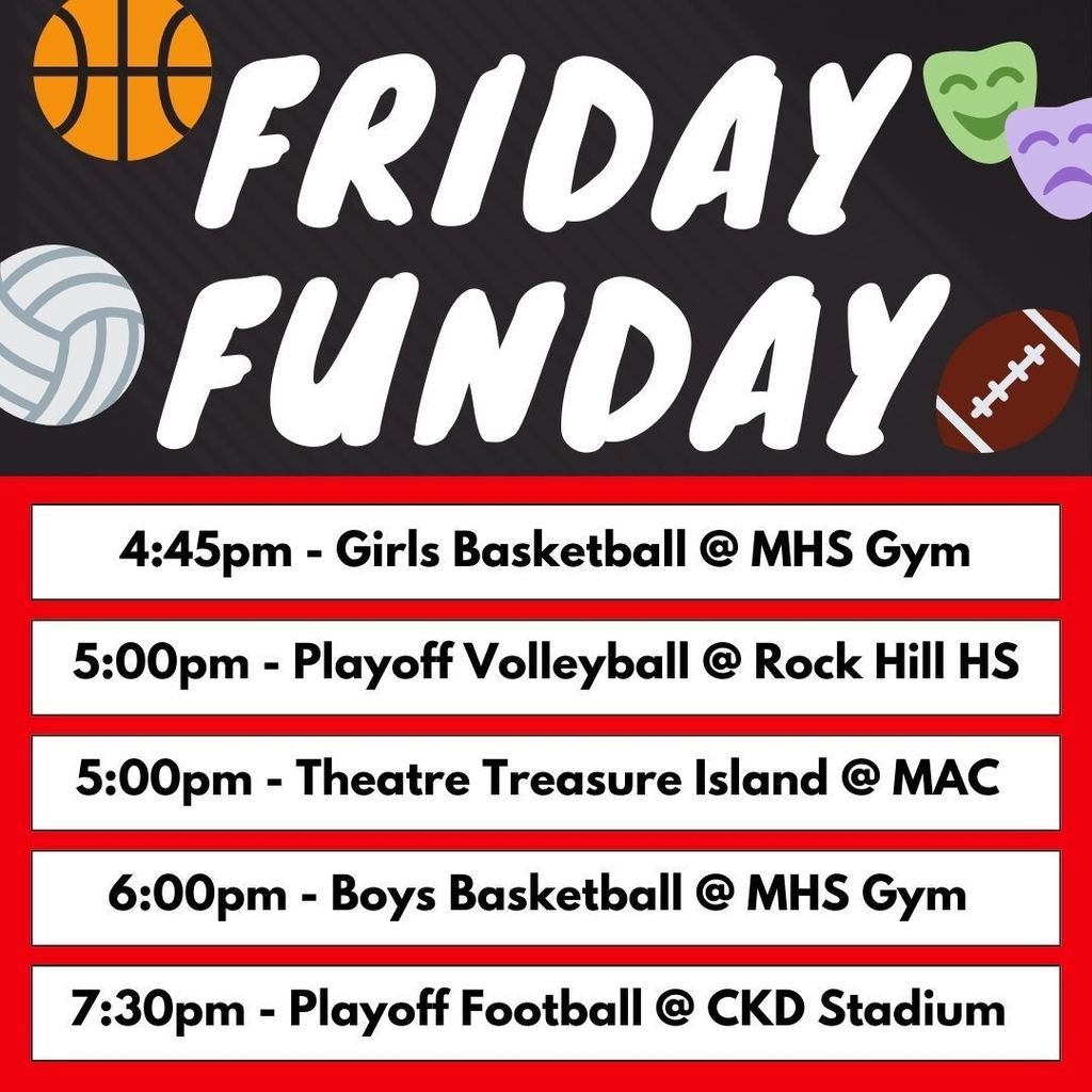 Come out to support the Cardinals at one, or more, of the events today. To purchase tickets to an athletics event, visit melissaisd.org/page/tickets. To purchase tickets to Treasure Island, visit melissaisd.org/o/mhs/page/mel….