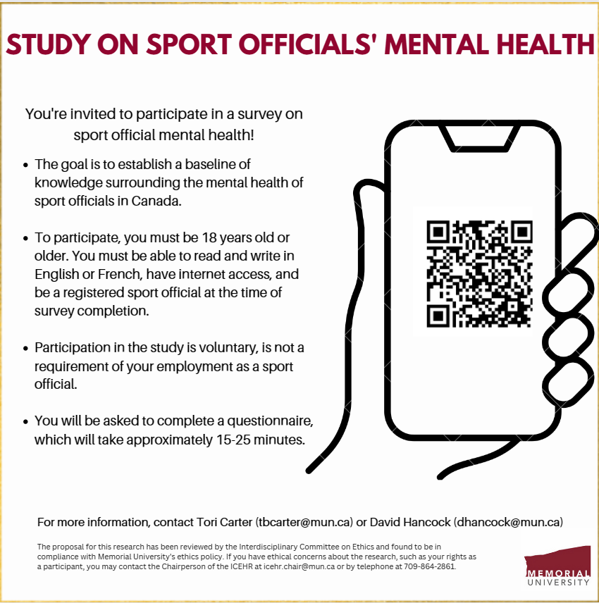 New study on sport officials' mental health!! For now, we are only looking for officials who are 18+ years old and officiating in Canada. If interested, please use the QR code below, or this link: mun.az1.qualtrics.com/jfe/form/SV_0c…