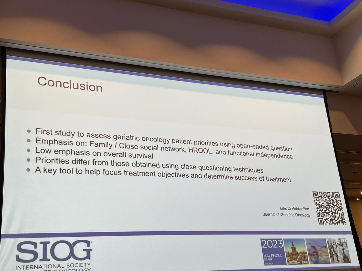 What matters to older with cancer? HRQOL and functional independence. Great abstract by Colm Mac Eochagain and now also available in @JGeriOnc #SIOG2023