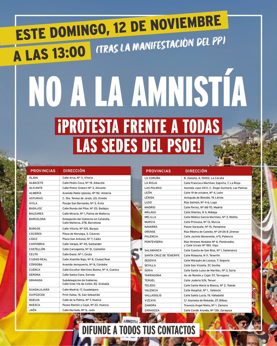 ¡PAREMOS EL GOLPE DE SÁNCHEZ! ¡MOVILIZACIÓN CONSTANTE Y CRECIENTE!

Este domingo 12 acudiremos a las manifestaciones convocadas por el PP y después nos sumaremos a las marchas pacíficas que terminarán ante las sedes del PSOE de toda España. 

¡DIFUNDE!