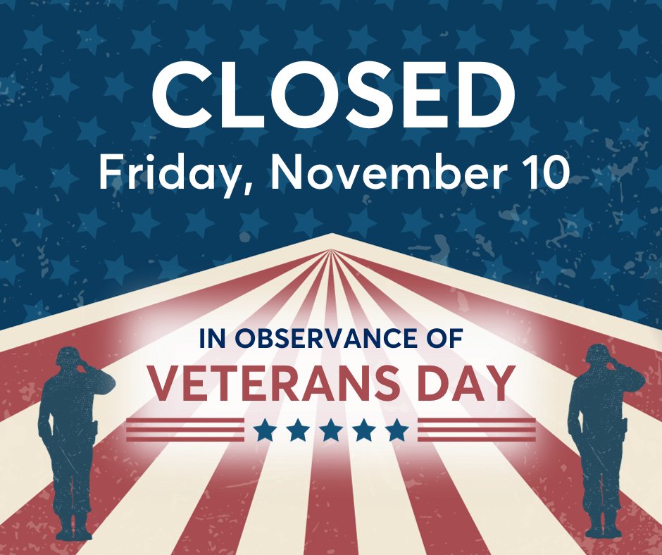 Consumers Credit Union will be CLOSED today in observance of Veterans Day. Normal business hours resume on Saturday, with teller service through the drive thru TellerPlus+ stations and our call center, which are both open from 9 a.m.-1 p.m.
