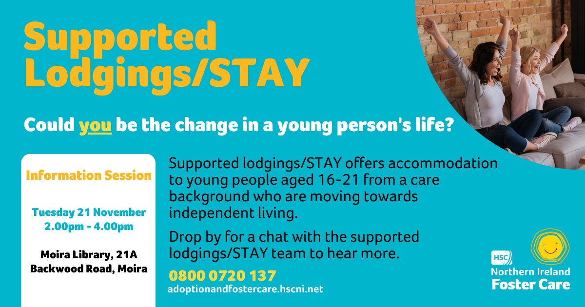 Supported lodgings/STAY offers accommodation to young people aged 16-21 from a care background who are moving towards independent living. Drop by our info session to hear more: 📅TUE 21 Nov 🕑2-4pm 📍Moira Library Tea, coffee and biscuits available. All welcome! @setrust