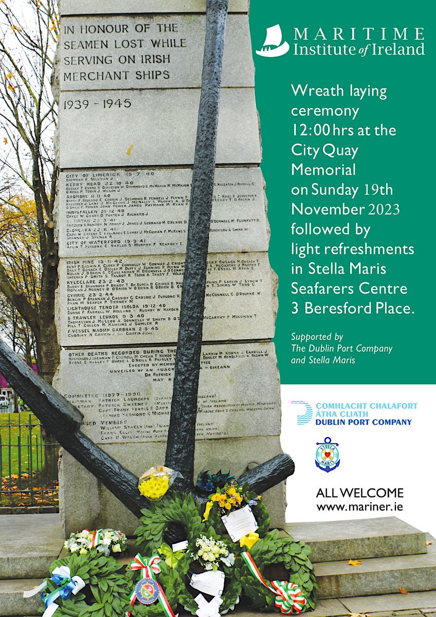 The annual National Commemoration Service for Irish Seafarers takes place on Sunday 19th November 2023 at the City Quay Memorial in Dublin. Wreath laying ceremony at 12:00 hrs will be followed by light refreshments in Stella Maris Seafarers Centre 3 Beresford Place.