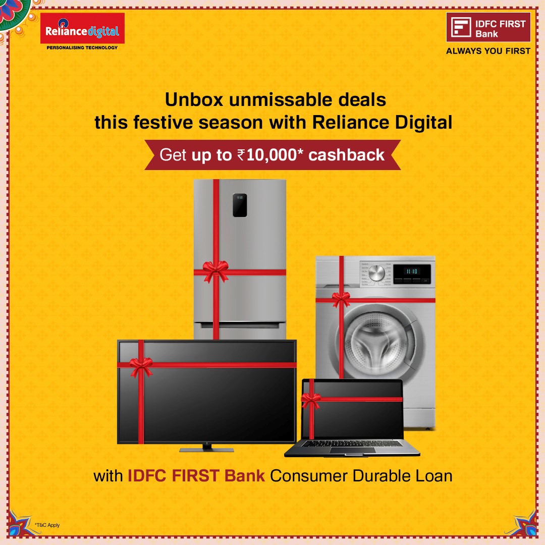 Get ready to illuminate your Diwali with Reliance Digital as we unveil irresistible offers that will make this festive season truly memorable. Enjoy up to 10,000 cashback with IDFCFIRSTBank ConsumerDurableLoan Get ready to illuminate your Diwali with Reliance Digital as we unveil irresistible offers that will make this festive seaso...