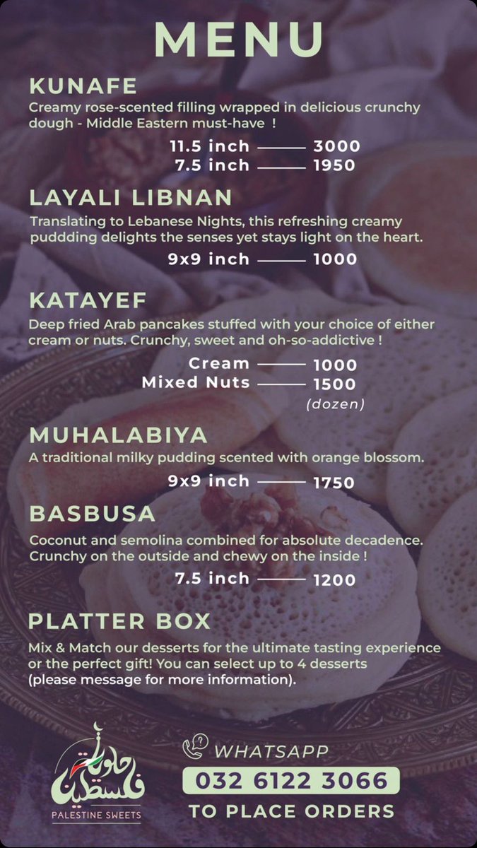 Just ordered a platter from the falasteen bakery in karachi, a business owned and operated by a #Palestinian lady and her daughter. You can contact them on this number +92 326 1223066
