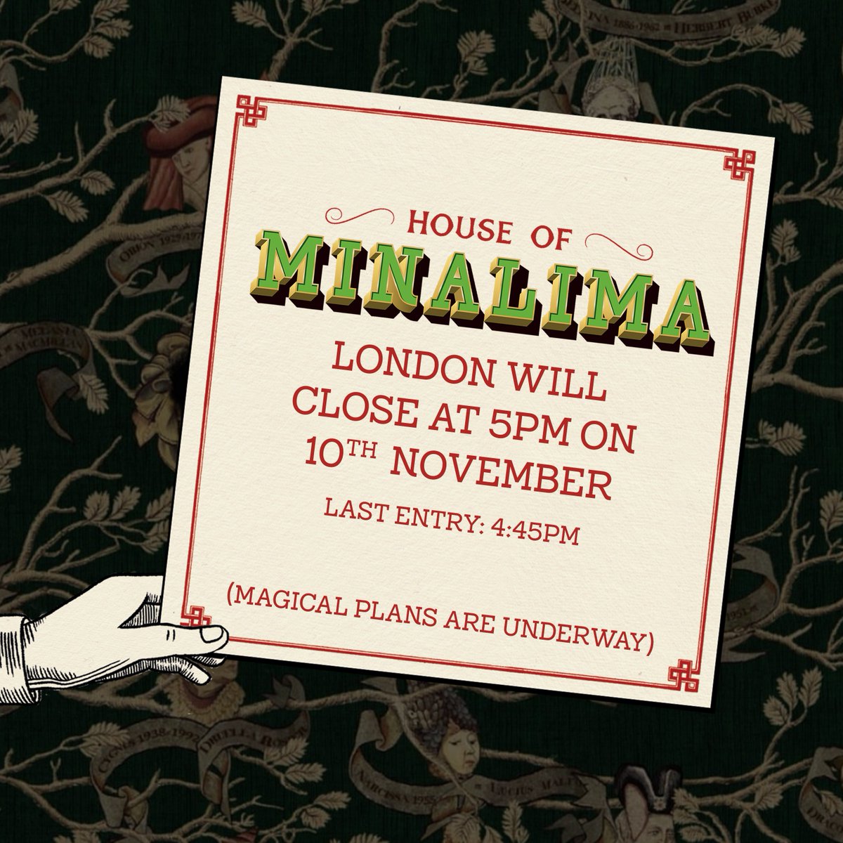 On Friday 10th November, House of MinaLima London will close at 5PM with last entry at 4:45PM. Normal opening hours will resume after this date. ✨⁠