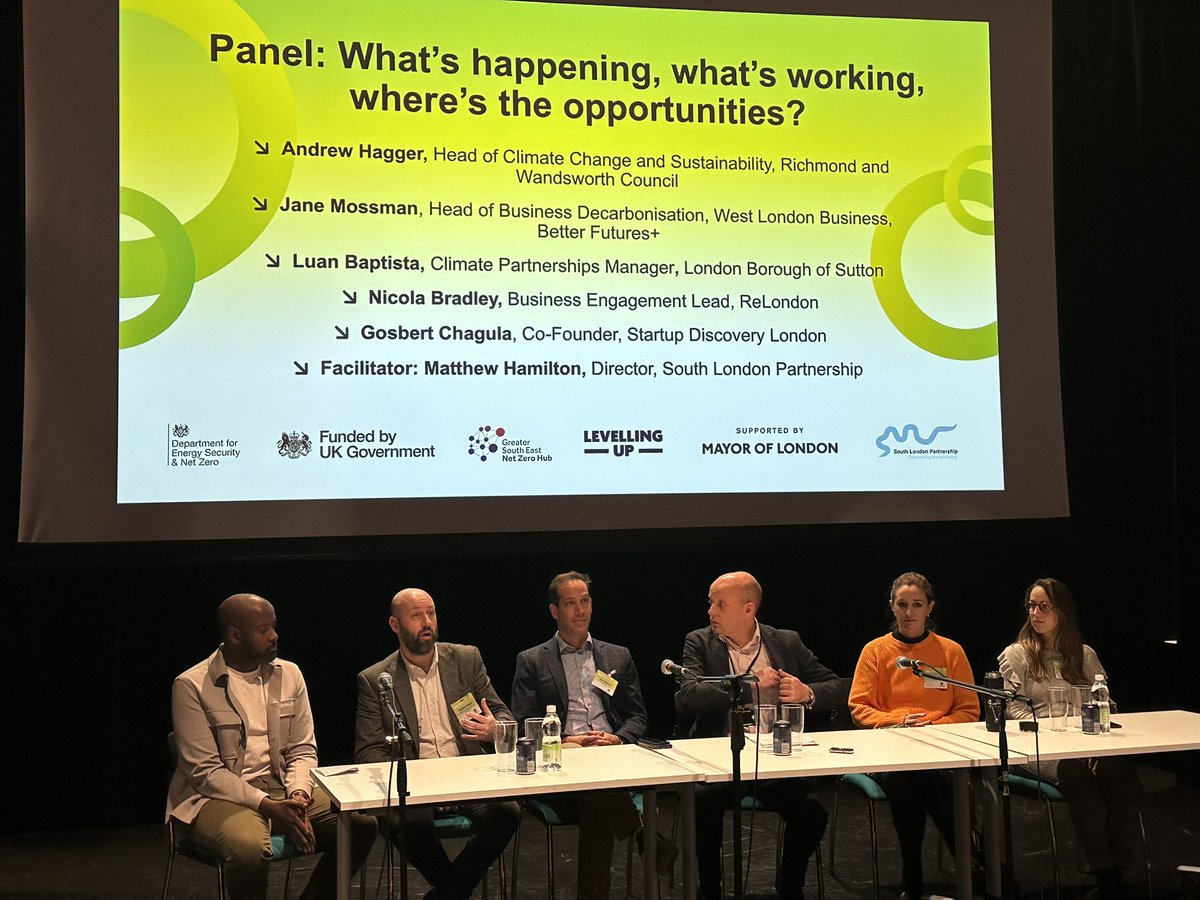 It’s time for our first panel - Net Zero Transition in Action
 
Matthew Hamilton, @SouthLonP, is joined by:
– Andrew Hagger, <a href="/LBRUT/">Richmond Council</a> <a href="/WANDBC/">Wandsworth Council</a>
– Jane Mossman, <a href="/westlbusiness/">West London Business</a>
– <a href="/luan_bpta/">Luan Baptista Ribeiro 🇺🇦</a>, <a href="/SuttonCouncil/">Sutton Council</a>
– Nicola Bradley, <a href="/ReLondon_UK/">ReLondon</a>
– Gosbert Chagula, <a href="/StartupDSchool/">Startup Discovery School</a>
 
#BIGSummit23