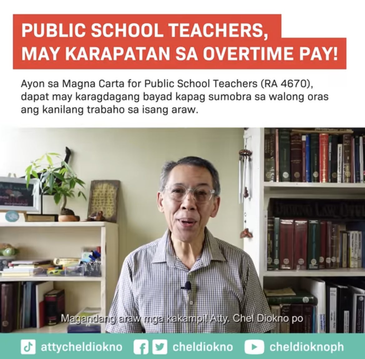 ChelDiokno's tweet photo. Public school teacher ka ba sa Pilipinas? Mahalaga na alam mo ang iyong karapatan pagdating sa overtime work. Tatalakayin natin  sa video na ito ang tungkol sa Magna Carta for Public School Teachers (Republic Act No. 4670). 

Panoorin: https://t.co/ZTfpBYHT3m https://t.co/uDs7SmwRm0