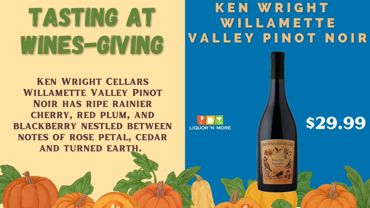 This is one of the great wines you can taste at Wines-Giving, this Saturday, November 11th, from 1 p.m. - 4 p.m. at our Orleans location.
<a href="/KWCellars/">Ken Wright</a>  Ken Wright Cellars Willamette Valley Pinot Noir