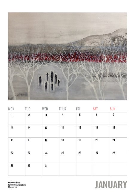Our superb 2024 calendar is on sale now at our gallery and online on our website. 
Each monthly page displays a beautiful print by one of our talented members. January is a subtle monoprint by Federico Baca.