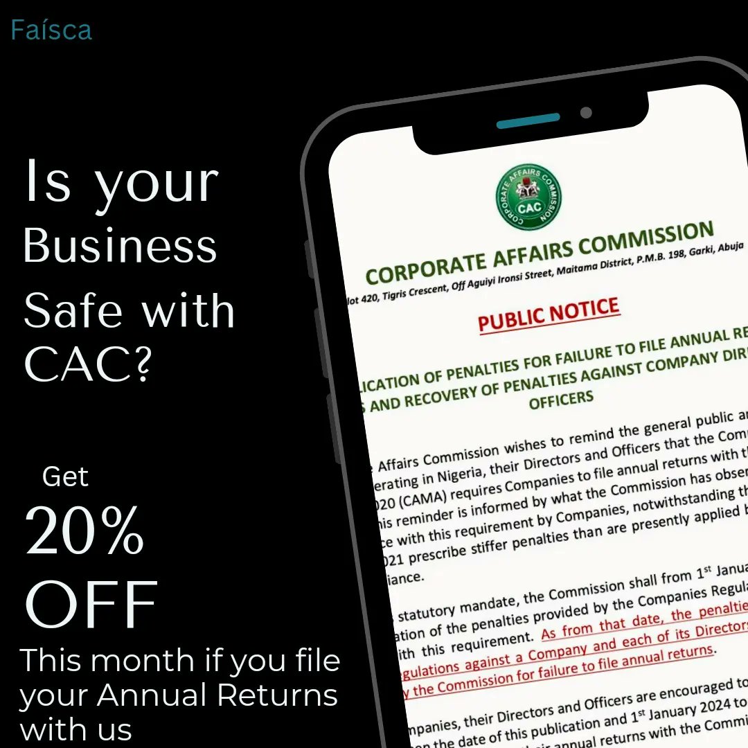 faiscaco_info's tweet photo. Have you filed your annual returns up to date? CAC is issuing penalties not only for your business but also for you. Take advantage of our 20%OFF deal, and let's help you file. Hurry! Freebies don't last forever. 

#faisca #cacbusinessregistrations #businesswoman #businessman https://t.co/y63b9W428n