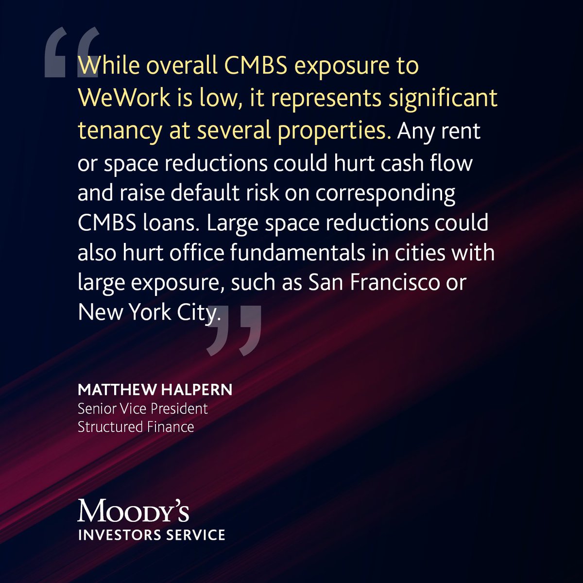 moodysratings's tweet image. WeWork has filed for bankruptcy. Moody’s explains how the shared-workspace company raises potential dangers for commercial mortgage-backed securities (CMBS) and the wider property market. 👉 See more on real estate: mdy.link/3QB2Laa

#Securitization #CMBS