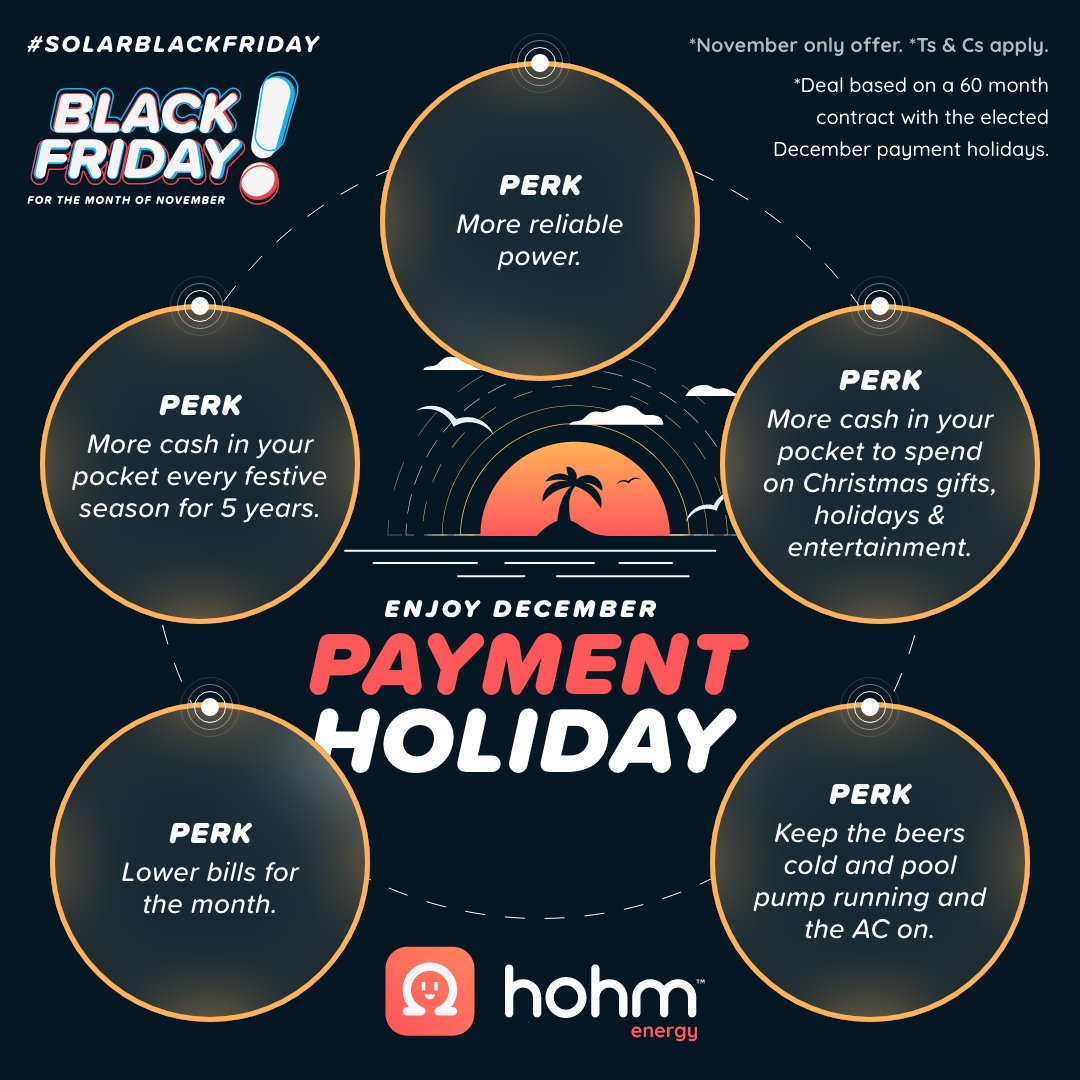 📣Get ready for @Hohm_sa 's Black Friday special🔥
Claim our exclusive November offer and enjoy a payment holiday for 5 MONTHS of December and 1 December for FREE! 🙌 
Claim your offer here 👉: get.solarblackfriday.co.za/social-get-off…

#solarblackfriday #hohmsweethohm #hohmenergy #solarsavings