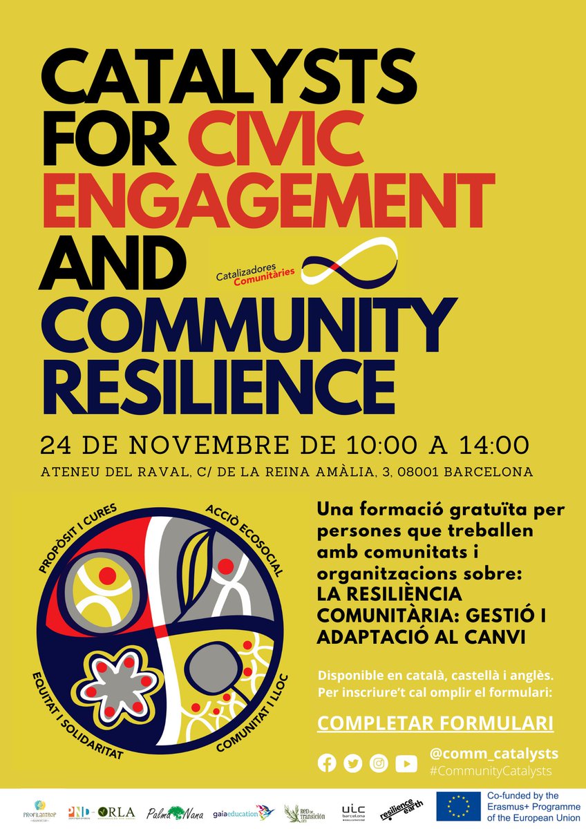 📢 Per les persones que viviu a #Barcelona 👇
Formació en RESILIÈNCIA COMUNITÀRIA: GESTIÓ I ADAPTACIÓ AL CANVI, una oportunitat única per formar-te en la proposta de <a href="/Comm_Catalysts/">Community Catalysts</a> 
📍24 de novembre a les 10h a <a href="/AteneudelRaval/">Ateneu del Raval 🇵🇸 ✊🏾💜🔥🏳️‍🌈🏳️‍⚧️🔻</a> 
Inscriu-te sense cost aquí: docs.google.com/forms/d/e/1FAI…