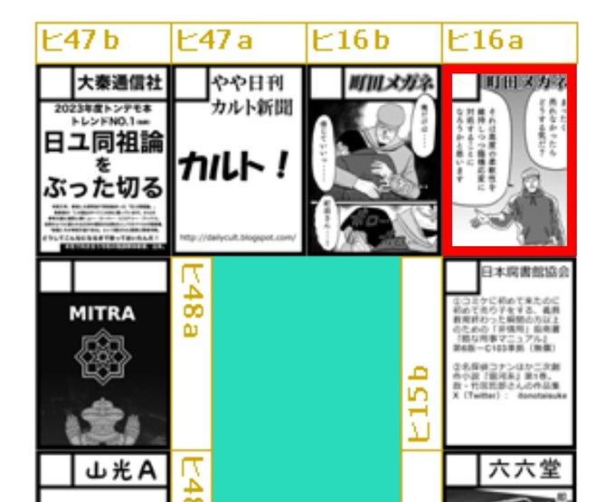 あなたのサークル💕
「町田メガネ(アキバラガン)」💕
コミックマーケット103で💕
「日曜日 東地区 "ヒ" ブロック 16ab」に💕
配置されました💕

18禁コミケ新刊は「残飯女」になります💕
エッチな小説も用意します💕

評論本の新刊もあるよ💕 https://t.co/pSMYsLGEdu 
