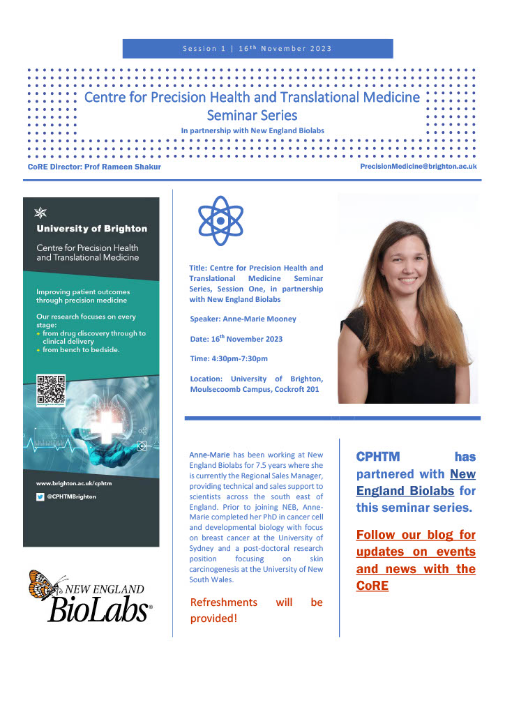 Next week we kick off the first of our seminar series in partnership with New England Biolabs. Join us on 16th November, 4:30pm, Cockroft 201 to hear from NEB's Anne-Marie Mooney.

Refreshments provided, see you there!

blogs.brighton.ac.uk/cphtm/2023/11/…