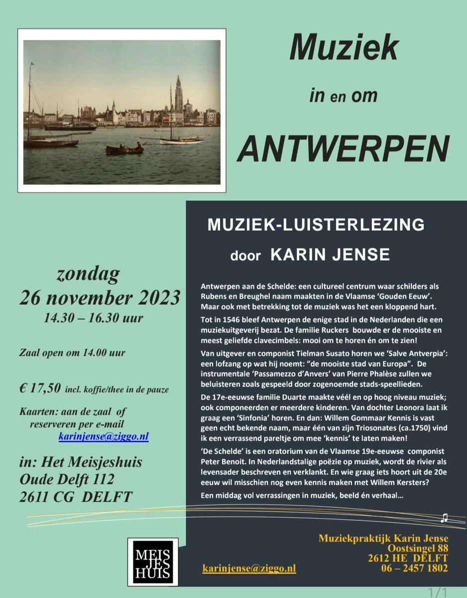 KarinJense's tweet photo. Mooi om veel muziek te beluisteren voor Luisterlezing Muziek in en om Antwerpen op 26-11-2023 in #HetMeisjeshuis in Delft. Nog mooier: kom ernaar luisteren (aanmleden kan op karinjense@ziggo.nl ). https://t.co/R1C0mU17OM