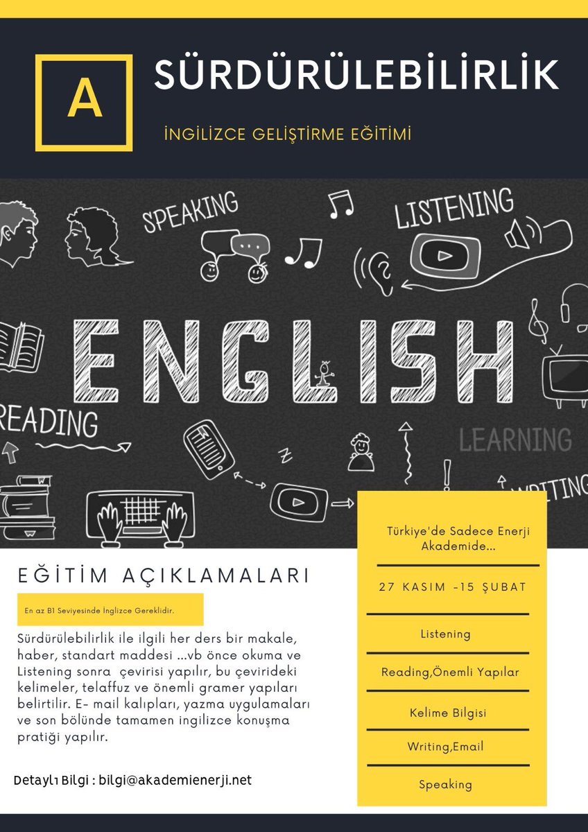 SÜRDÜRÜLEBİLİRLİK İNGİLİZCE GELİŞTİRME EĞİTİMİ Kayıt için Son Hafta, Son Fırsat Eğitim Süresi : 40 Saat Eğitim Bedeli : 14.000 TL yerine bu eğitime özel 7.500 TL Ön Kayıt: forms.gle/vxZPeXctQWj9gE… Detaylı Bilgi için Tel: 05339552884 Mail: bilgi@akademienerji.net