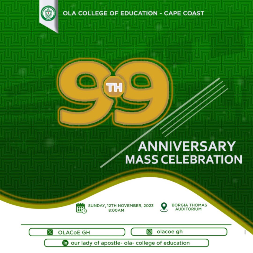 Hurray!! 🎉🎊🎉🎊🎉 OLA College of Education is 99 Years.                                                Join us as we celebrate a special Anniversary Mass and the Ceremonial cutting of our 99th-anniversary cake. Stay with us in this space for all updates.