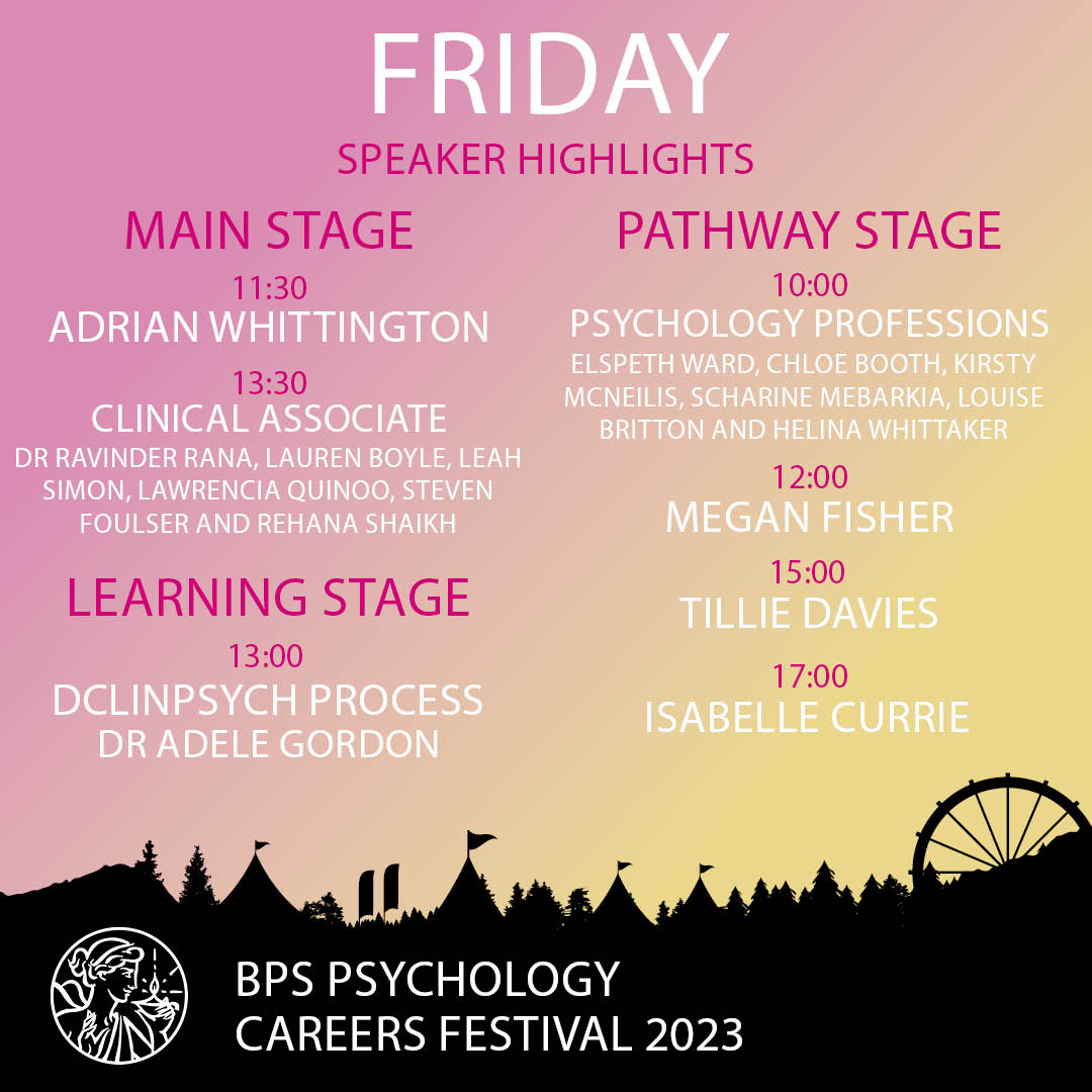 BPSStudent's tweet photo. Today's speaker highlights 📣

To see the full programme of speakers today, head over to https://t.co/cX7ts7AKIP

#BPSCareersFest https://t.co/wM2W22smKD