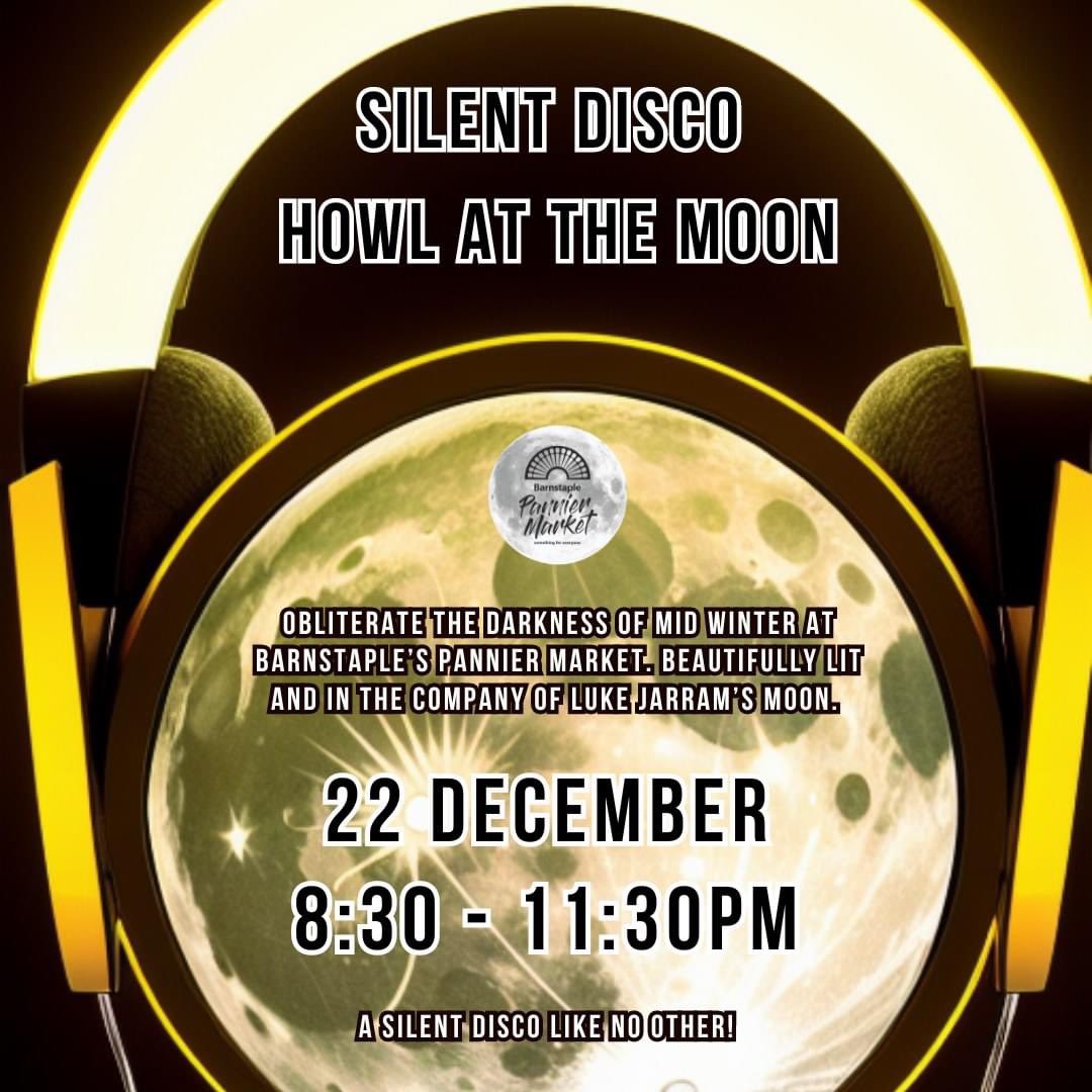 🎉 Unleash your wild side at the 18+ Howl at the Moon Silent Disco! 🌙 Join the North Devon Silent Disco and Silent Disco World on Friday, 22 December, from 8:30pm to 11:30pm at the Barnstaple Pannier Market. seetickets.com/tour/howl-at-t…