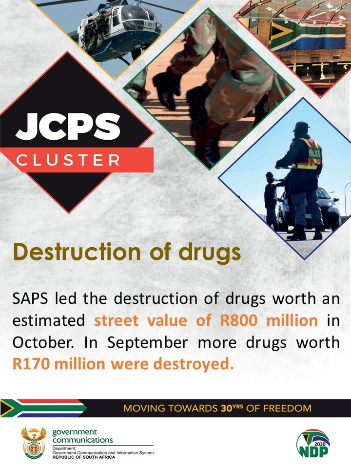 SAgovnews's tweet photo. The SAPS led the destruction of drugs worth an estimated street value of R800 million in October #FightingCrime #JCPSBriefing https://t.co/nM95m6hxAf