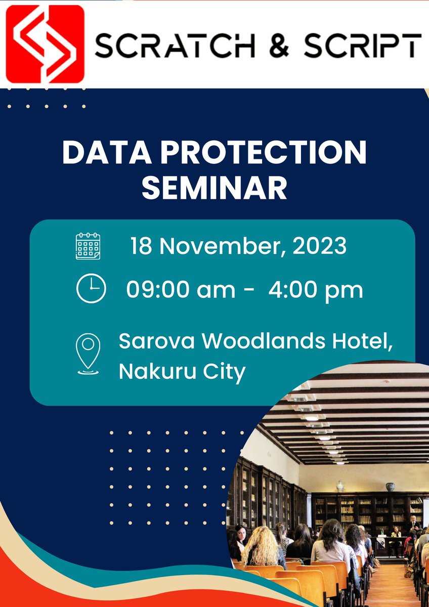 As Scratch and Script, we endeavor to offer you trainings that are *Simple - Tailored - Quality* 

 Join us as we unpack the issue of  Data protection 

Date: 18- November- 2023 
Time: 9:00am - 4:00pm
Venue: Sarova Woodlands- Nakuru City
Register: lnkd.in/dNdkjjNY