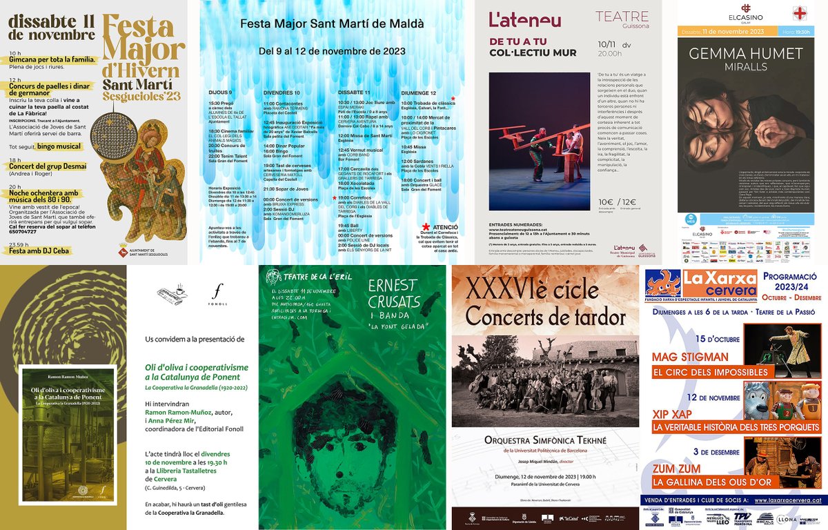 SomSegarra's tweet photo. Sense plans per al cap de setmana? #festesmajors #concerts #llibre #teatre  #museublat i #expos gaudeix la #tardorsegarra !
@lasegarra @AjSesgueioles @museudecervera
@CConcabella @CasinodeCalaf @BiblioGuissona @lavalldelcorb @Espitllera 
ℹ️ https://t.co/8ZHEiD1Ad2 https://t.co/bi7Dyruu6R