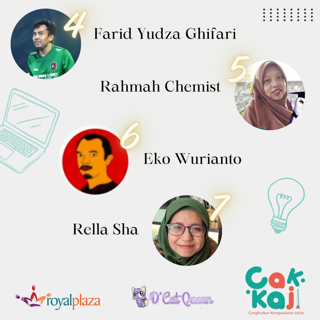 CAK KAJI JATIM (@cak_kaji_jatim) on Twitter photo Selamat untuk para pemenang juara 4-7 Lomba Menulis di Kompasiana
temu.kompasiana.com/cakkaji/pengum…
<a href="/amma_chemist/">Bundanya Trio S</a>
<a href="/ngintipbuku/">ngintip buku</a>
<a href="/arellsha/">TheDailyRella</a>
<a href="/farisydz__/">F</a> Selamat untuk para pemenang juara 4-7 Lomba Menulis di Kompasiana
temu.kompasiana.com/cakkaji/pengum…
<a href="/amma_chemist/">Bundanya Trio S</a>
<a href="/ngintipbuku/">ngintip buku</a>
<a href="/arellsha/">TheDailyRella</a>
<a href="/farisydz__/">F</a>