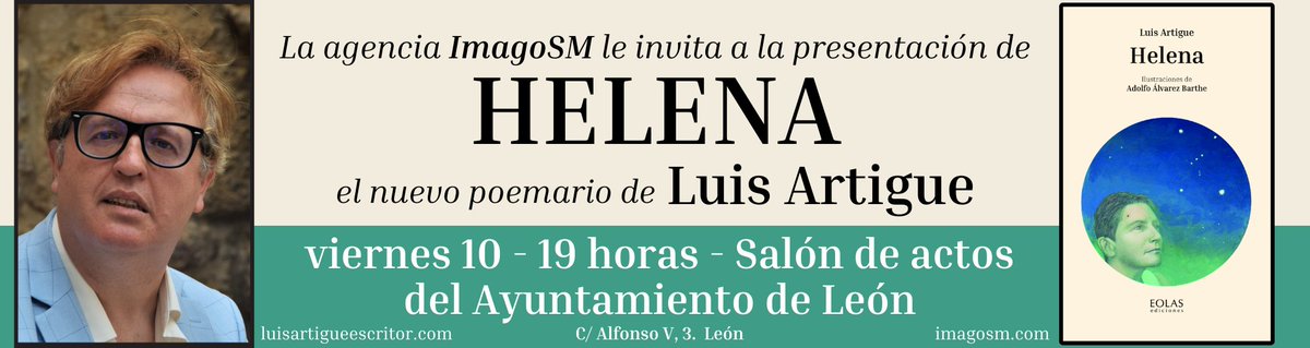 #Agenda 

¡Lectores de #León! Esta tarde <a href="/luisartigue/">Luis Artigue</a> presenta su nuevo poemario, #Helena, en el Salón de Actos del <a href="/LeonAyto/">Ayuntamiento de León</a>. ¡Y estáis todos invitados!