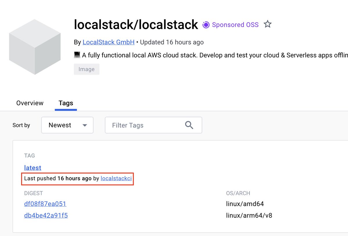 kawasystem's tweet image. localstackのdockerのlatestって、リリース済のバージョンじゃなくて、githubのtagも切っていない開発途中のものがアップされるのか・・・。
#LocalStack