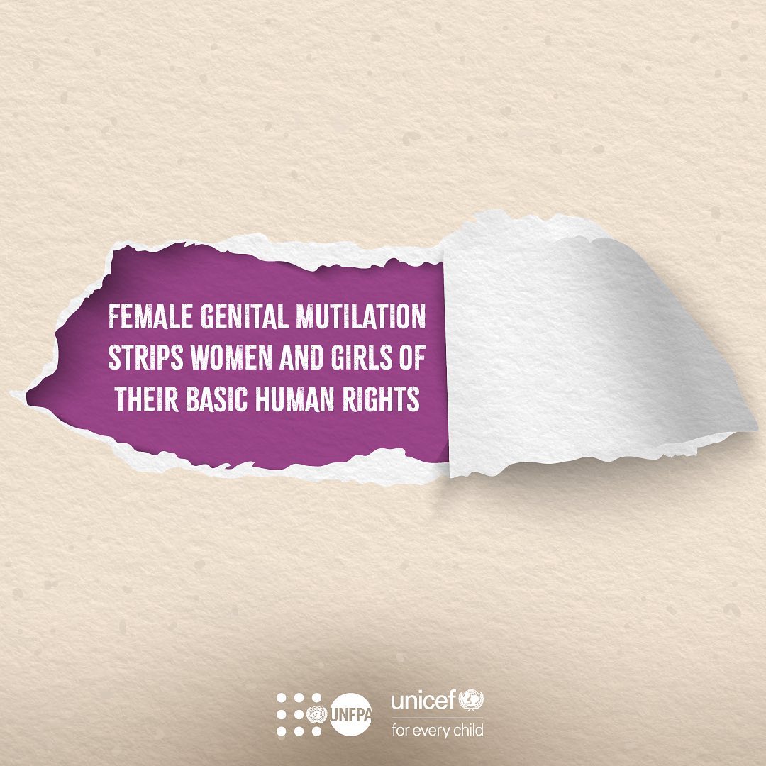 Human rights are violated every time a girl or a woman is subjected to Female Genital Mutilation (FGM). This harmful practice must end! 🚫 Today and every day, join @UNFPA to raise your voice to #EndFGM: unf.pa/fgm