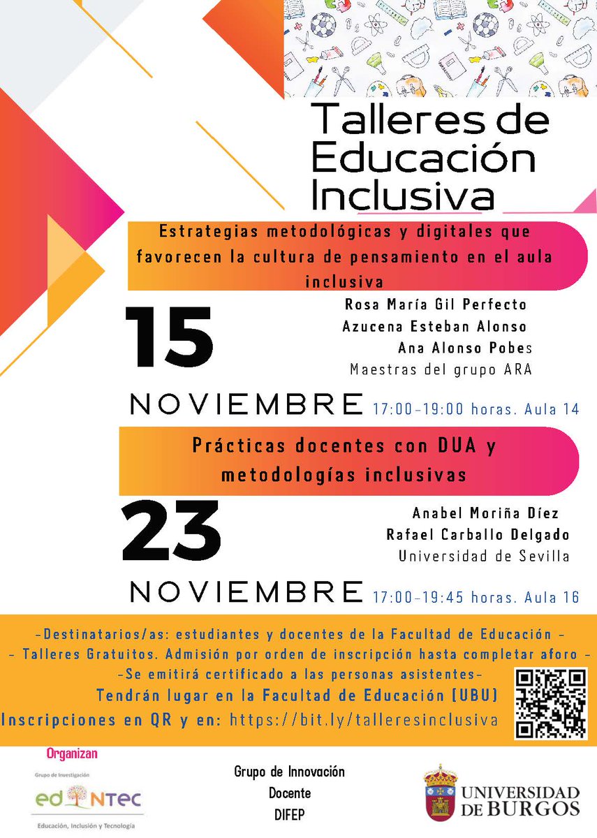 Si te interesa la #inclusión y la #educación el grupo de investigación <a href="/EDINTEC_ubu/">EDINTEC</a> de la Faculta de Educación de la <a href="/ubuestudiantes/">Universidad Burgos</a> organiza dos Talleres sobre Educación Inclusiva el 15 y el 23 de noviembre.
Son gratuitos. Información e Inscripción en el cartel 👇👇👇👇
