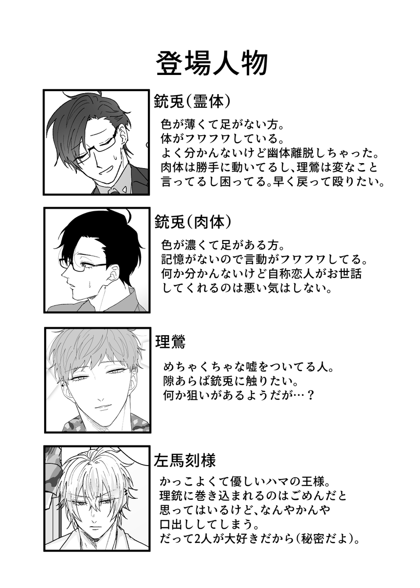 🐰はもとに戻れるの?すぐバレそうな嘘だけど貫くの?🐴はどう思ってんの?なラブコメ風味理銃になると思います。基本霊体🐰がツッコミ続けてます。
これは読まなくても支障がない本作の登場人物紹介です 